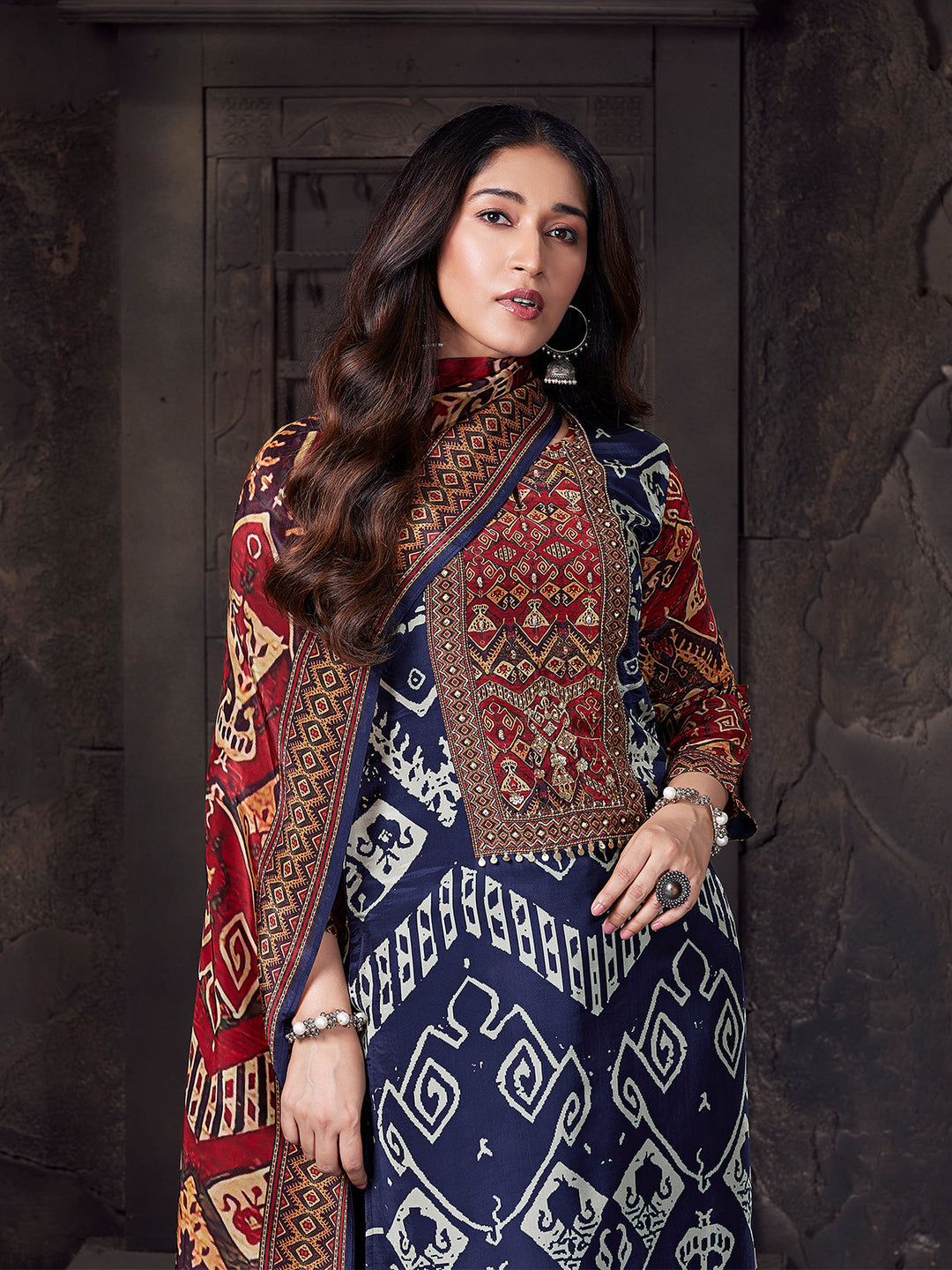 Navy Geometric Crepe Silk Suit Set