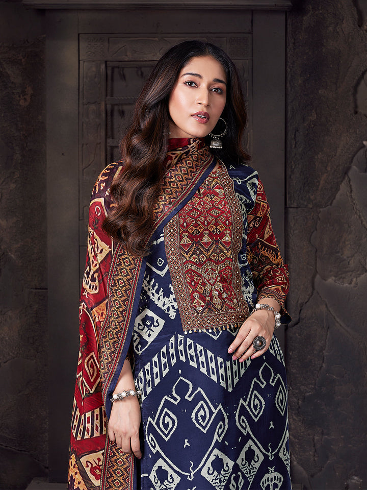 Navy Geometric Crepe Silk Suit Set