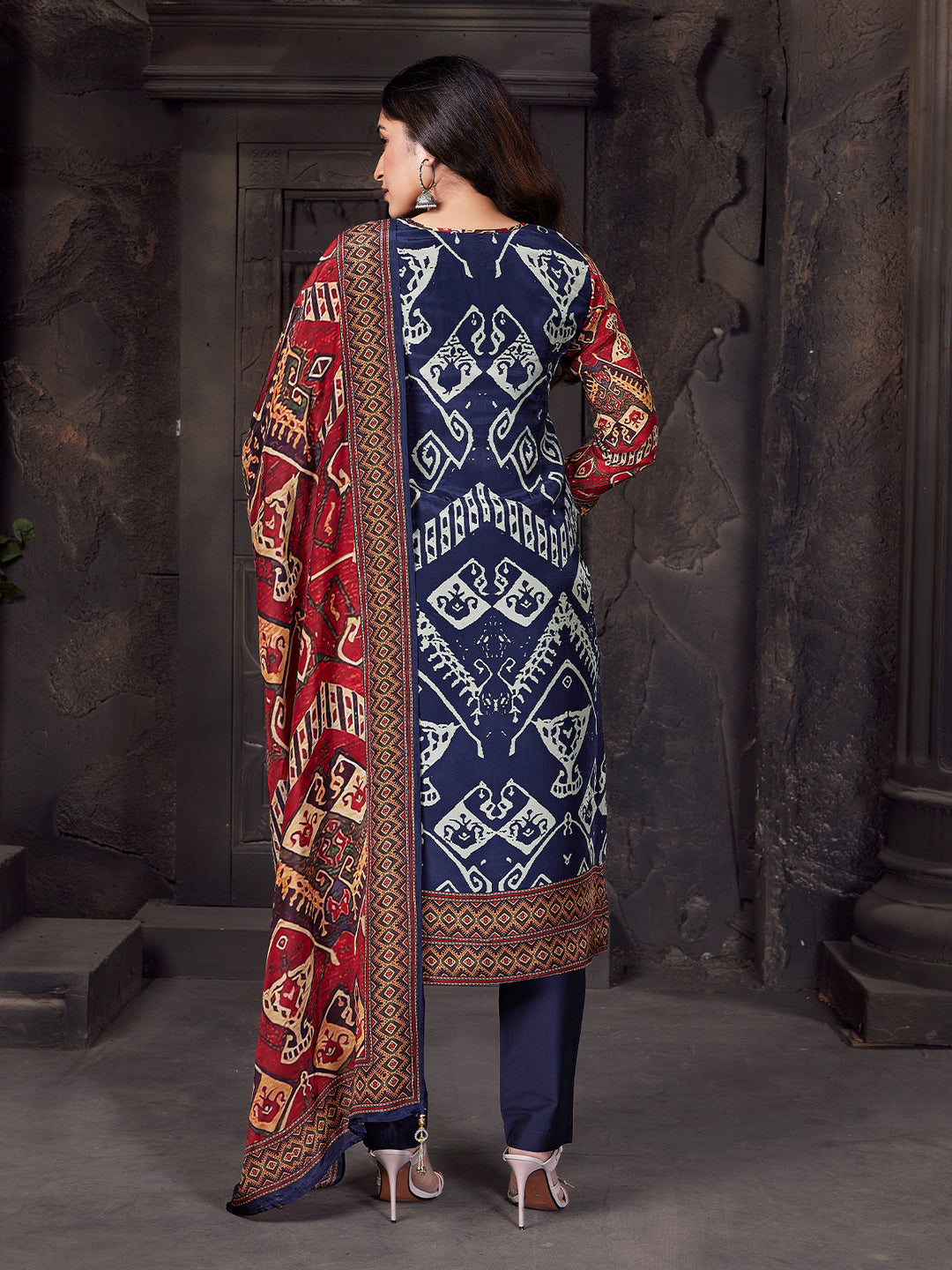 Navy Geometric Crepe Silk Suit Set