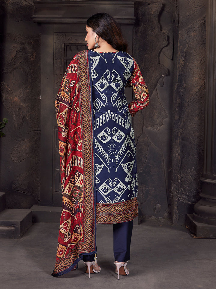 Navy Geometric Crepe Silk Suit Set