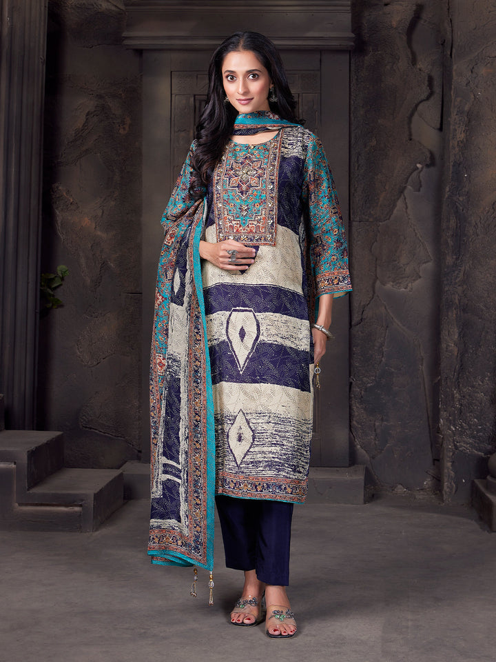 Navy Abstract Crepe Silk Suit Set