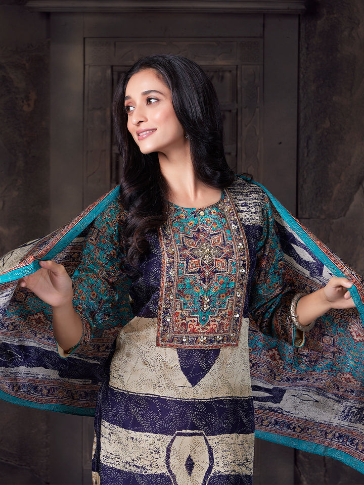 Navy Abstract Crepe Silk Suit Set