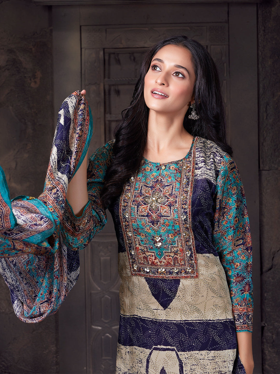 Navy Abstract Crepe Silk Suit Set
