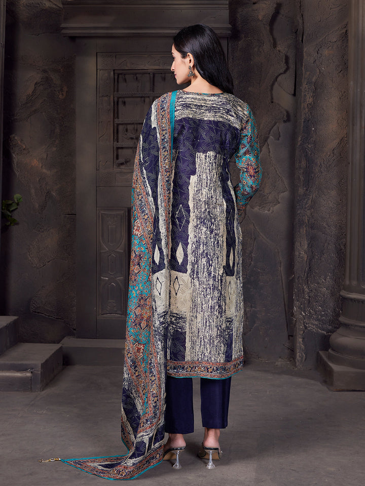 Navy Abstract Crepe Silk Suit Set