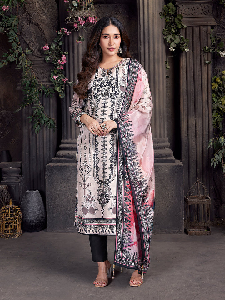 Monochrome Botanical Crepe Silk Suit Set