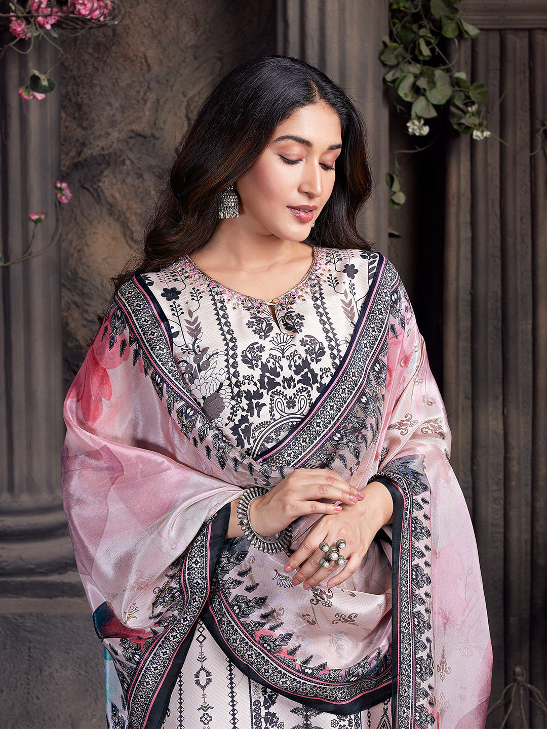 Monochrome Botanical Crepe Silk Suit Set