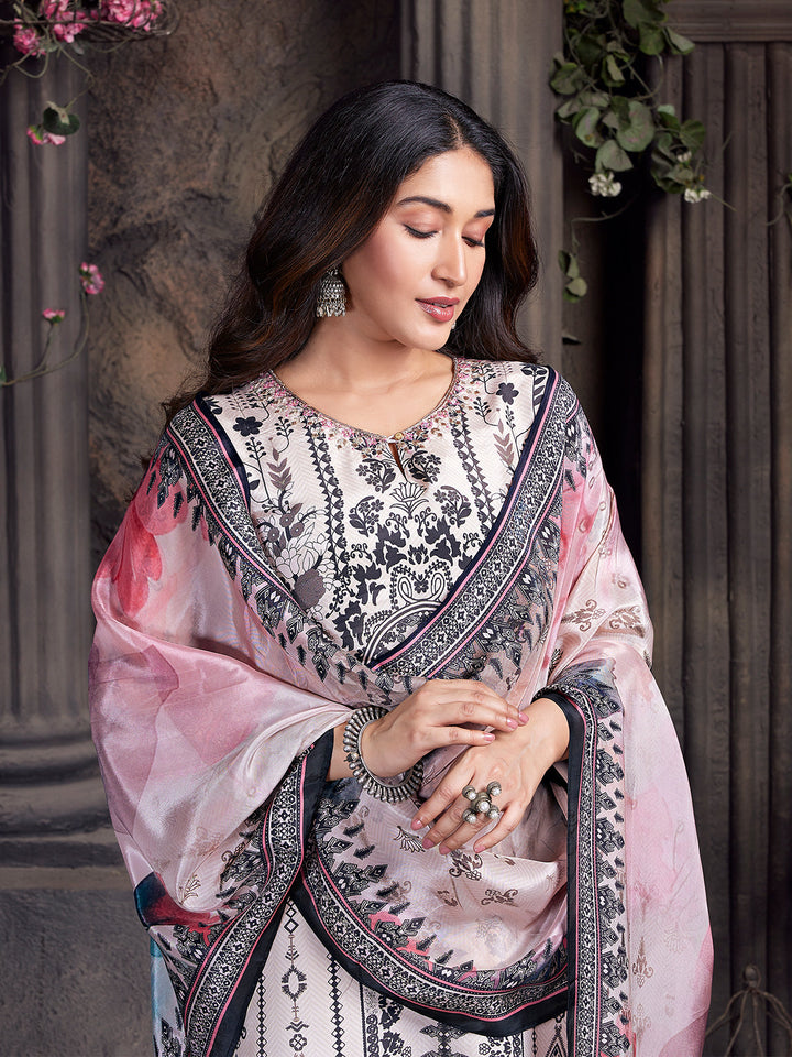 Monochrome Botanical Crepe Silk Suit Set