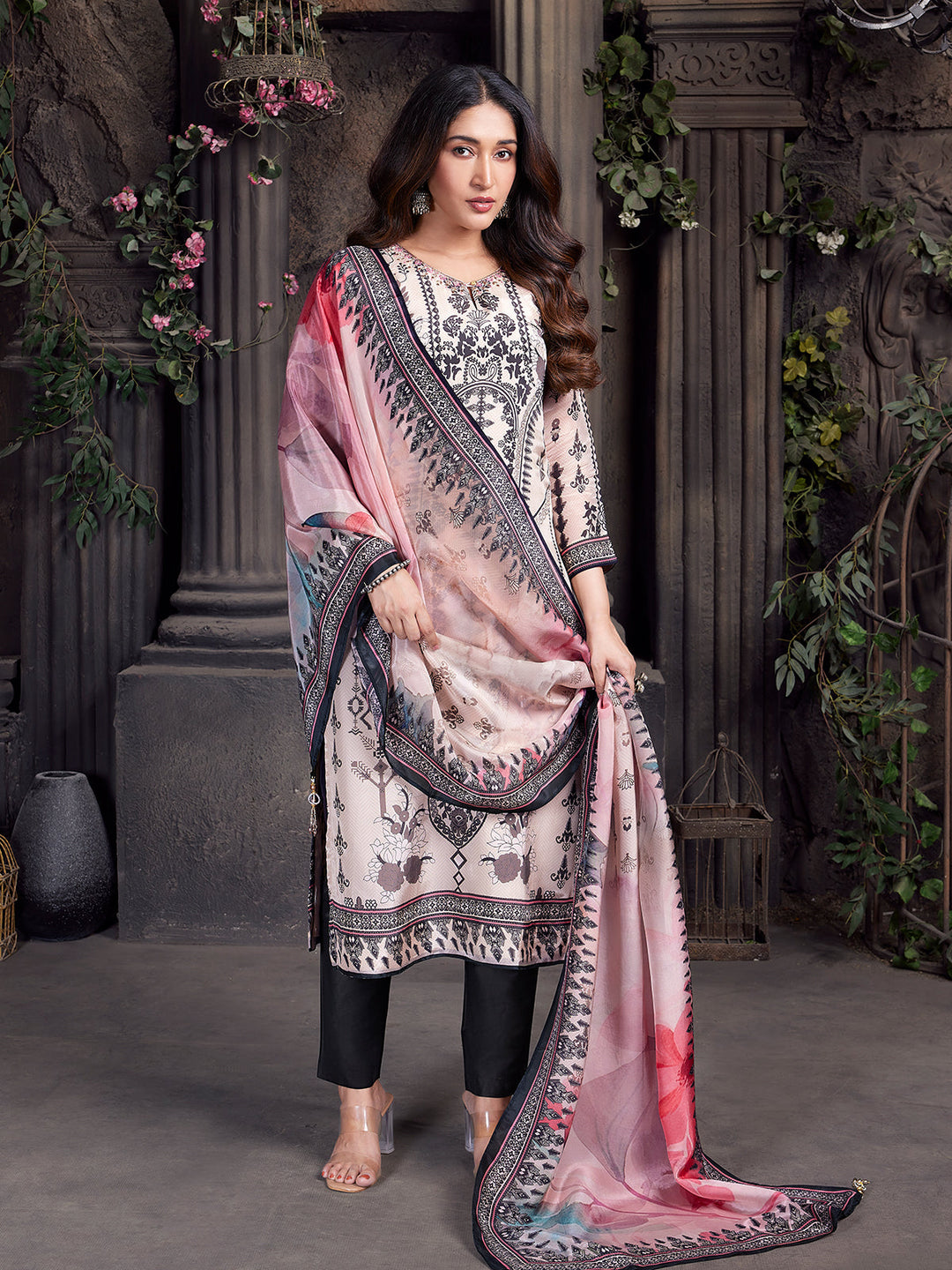 Monochrome Botanical Crepe Silk Suit Set