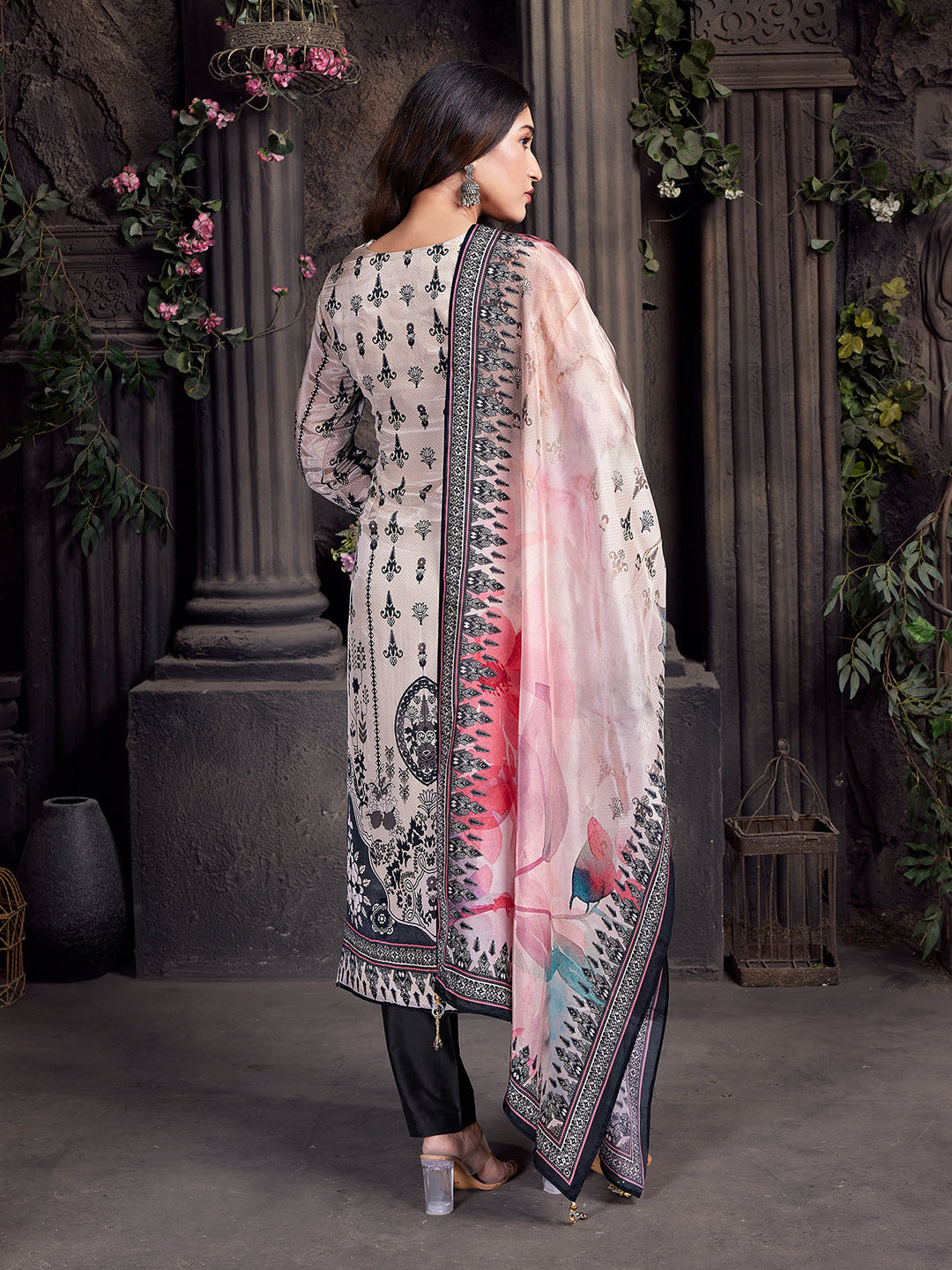 Monochrome Botanical Crepe Silk Suit Set