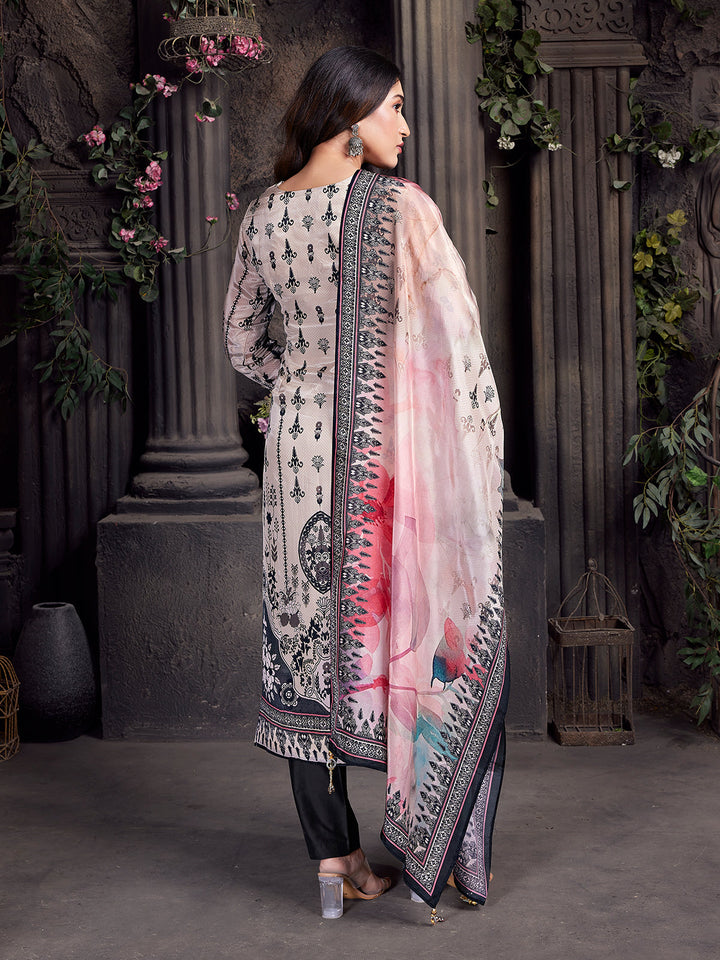 Monochrome Botanical Crepe Silk Suit Set