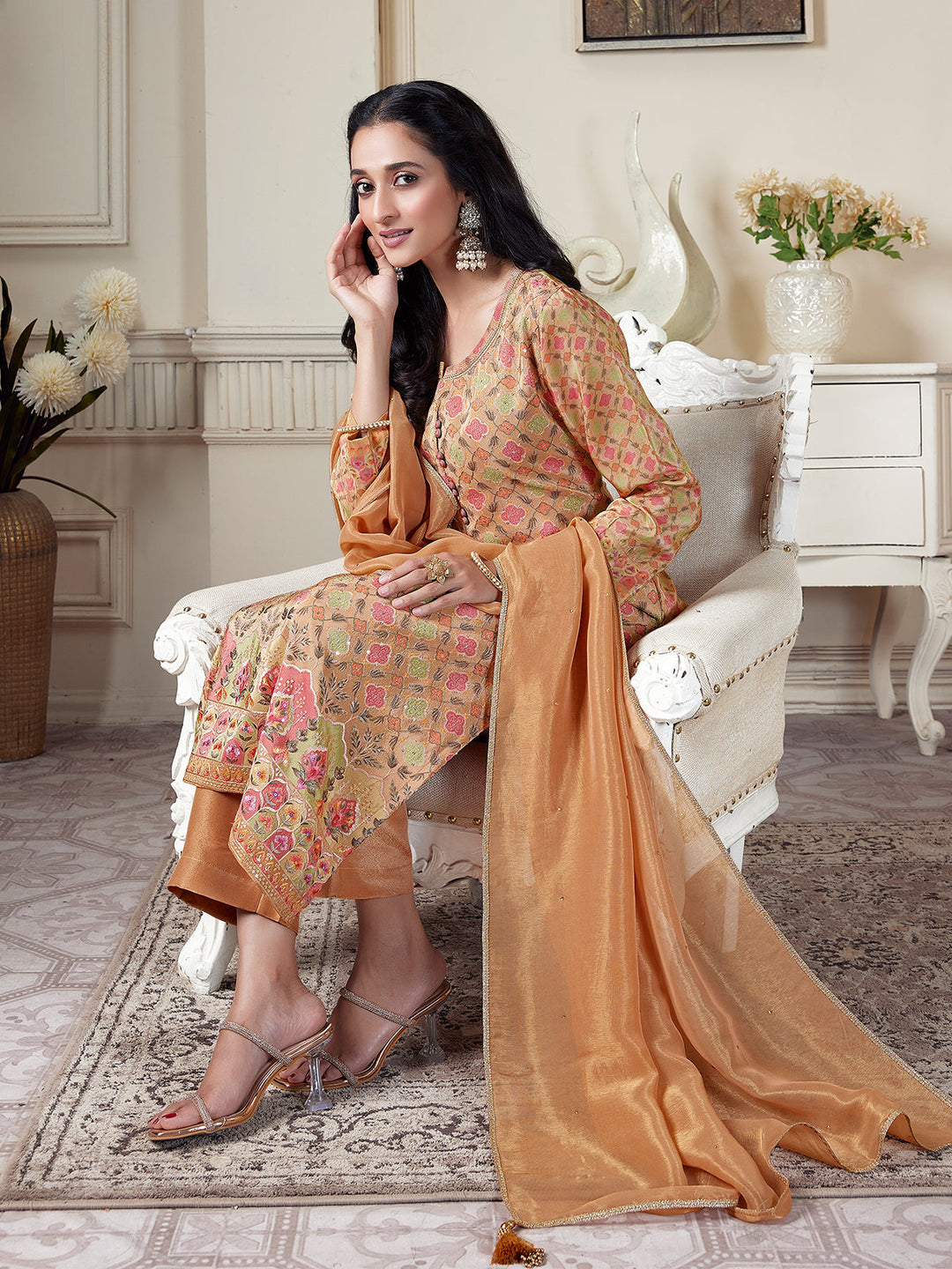 Golden Beige Floral Suit Set