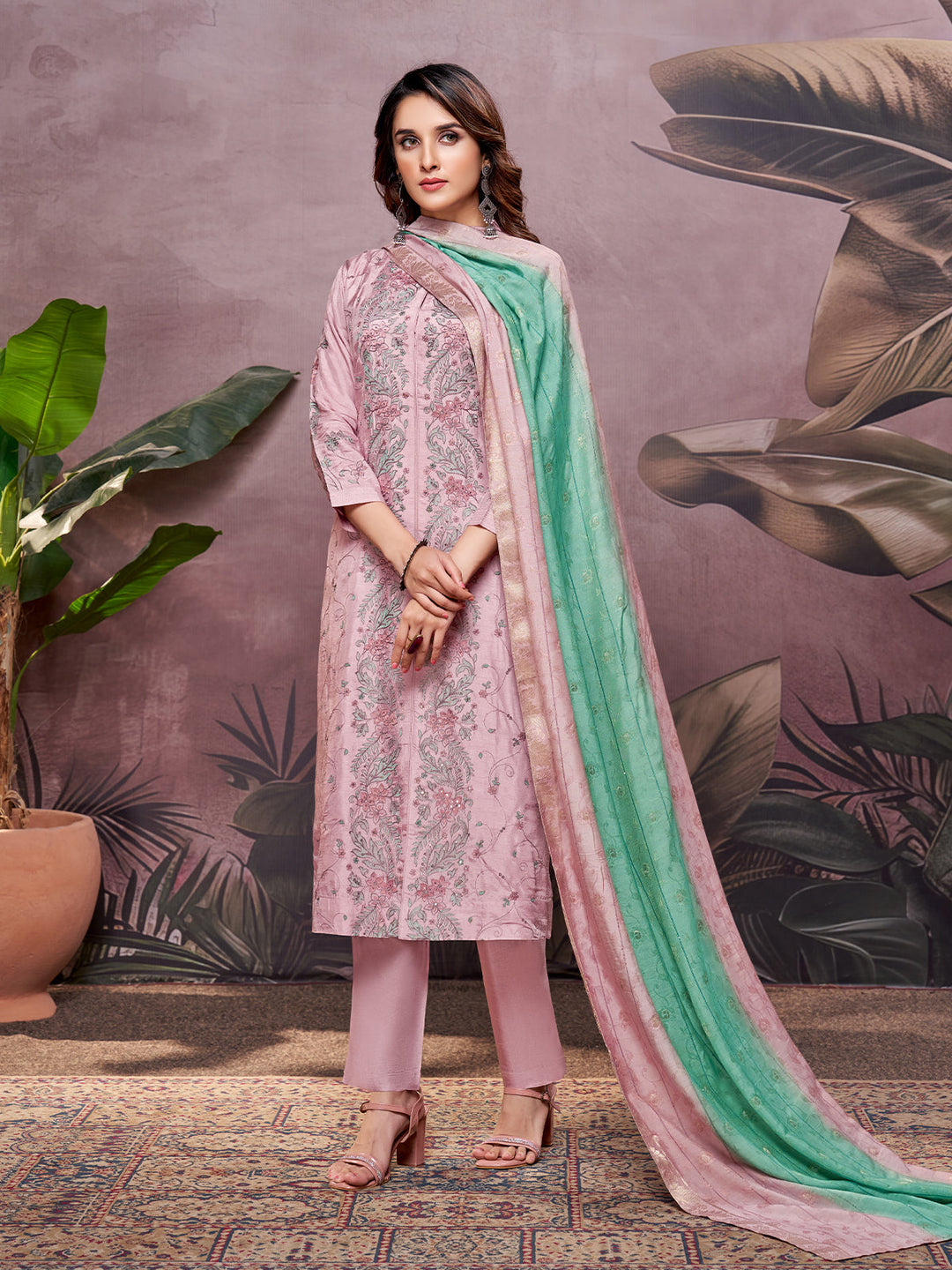 Light Pink Semi-Silk Suit Set