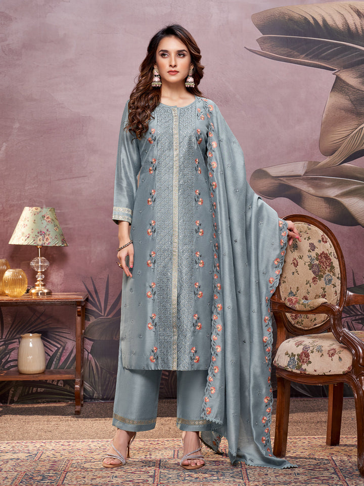 Slate Grey Semi-Silk Suit Set