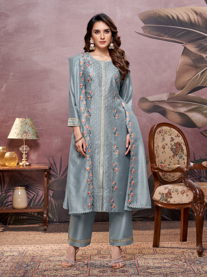 Slate Grey Semi-Silk Suit Set