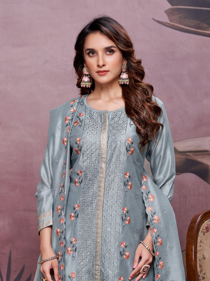 Slate Grey Semi-Silk Suit Set