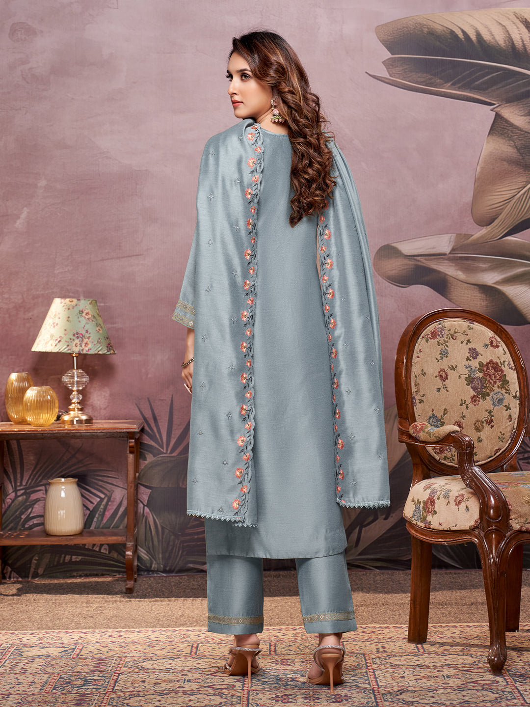 Slate Grey Semi-Silk Suit Set