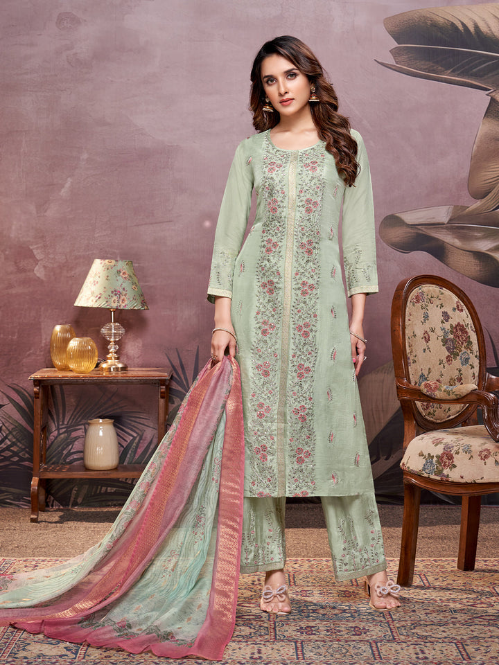 Muted Green Semi-Silk Suit Set