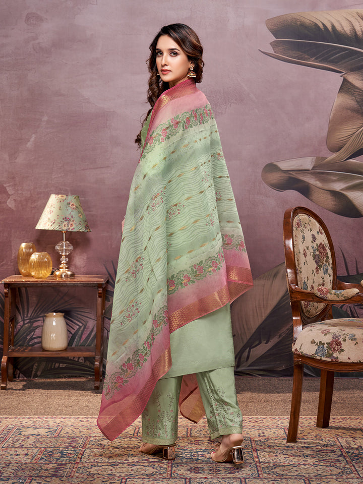 Muted Green Semi-Silk Suit Set