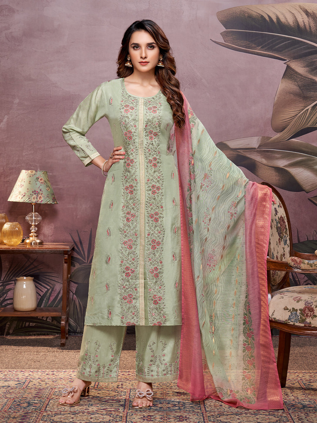 Muted Green Semi-Silk Suit Set