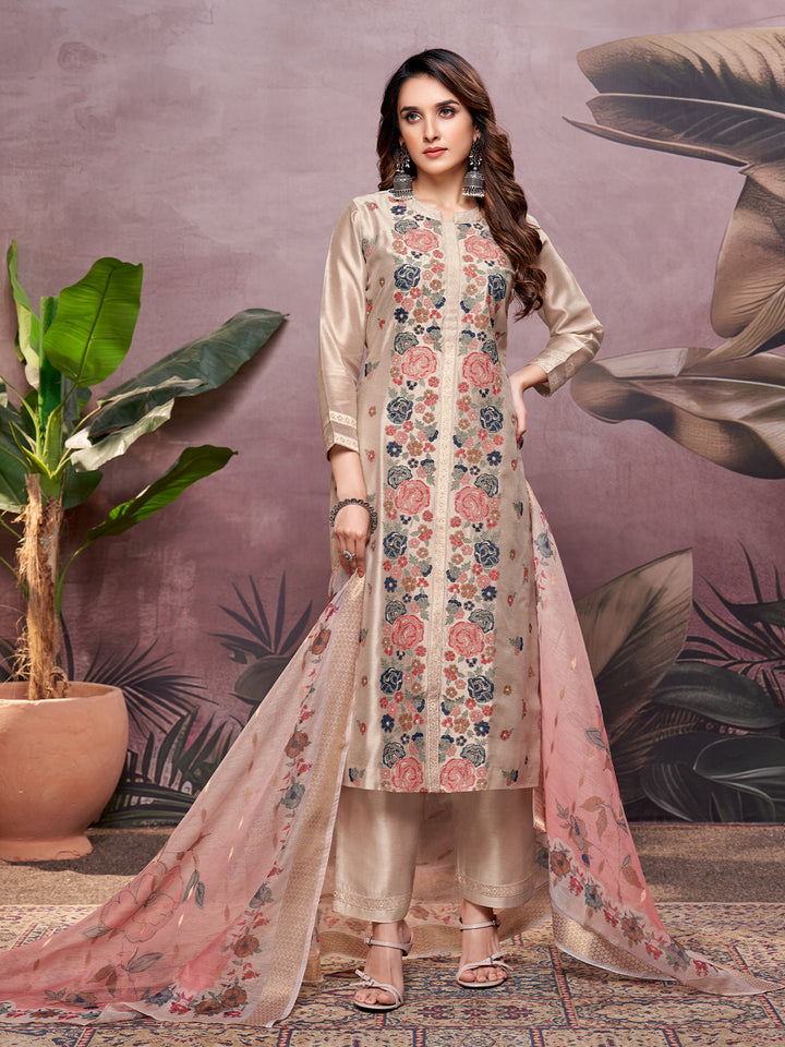 Beige Semi-Silk Suit Set
