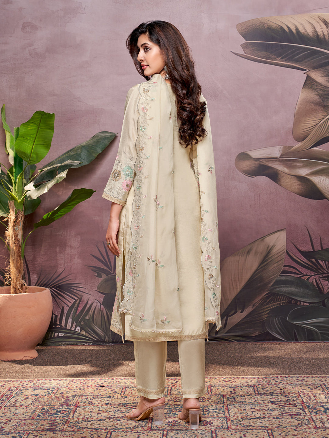 Beige Semi-Silk Suit Set