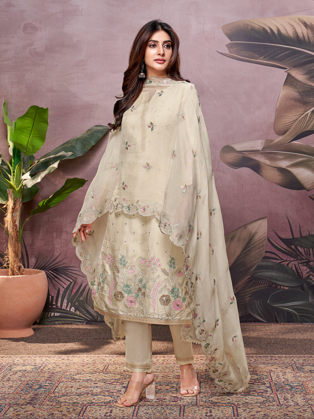 Beige Semi-Silk Suit Set