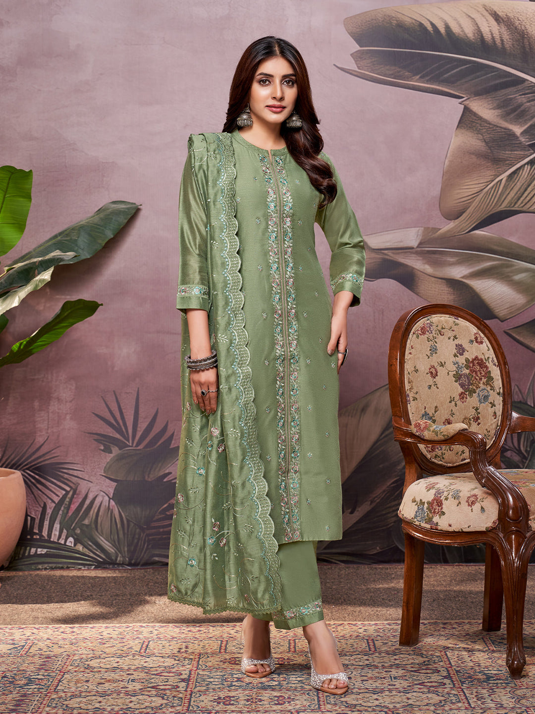 Green Semi-Silk Suit Set