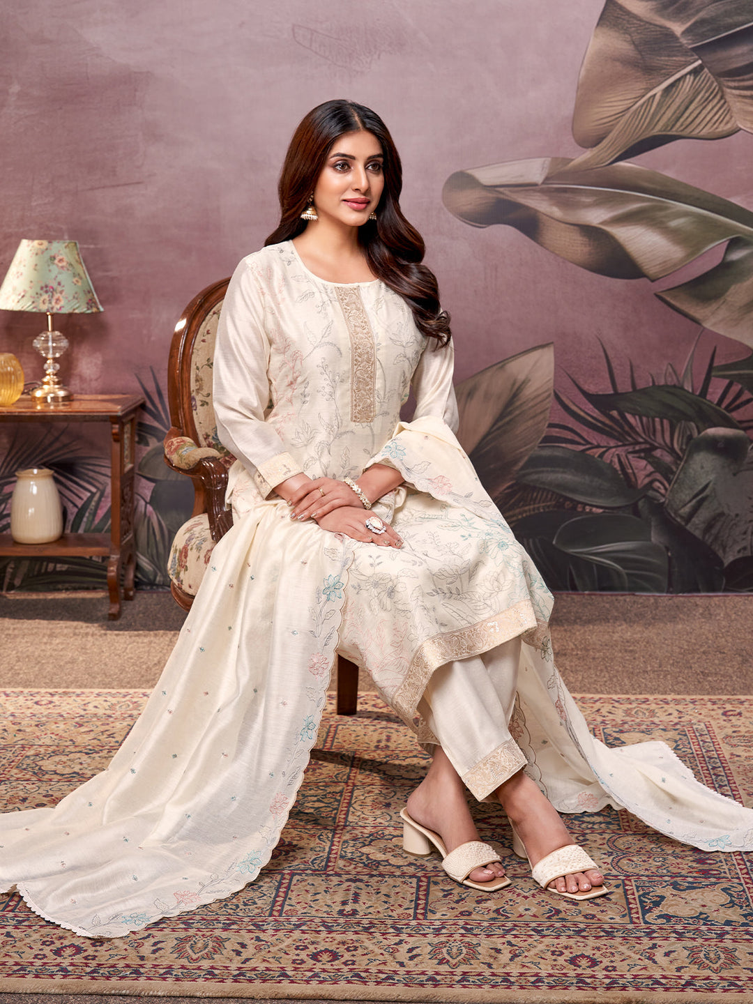 Cream Semi-Silk Suit Set