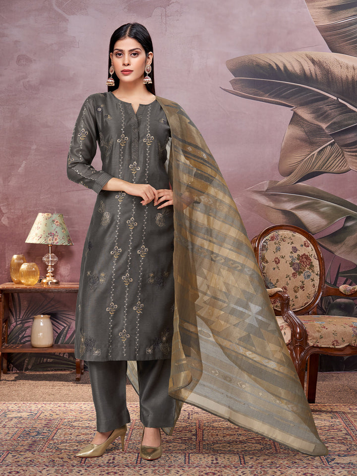 Deep Grey Semi-Silk Suit Set
