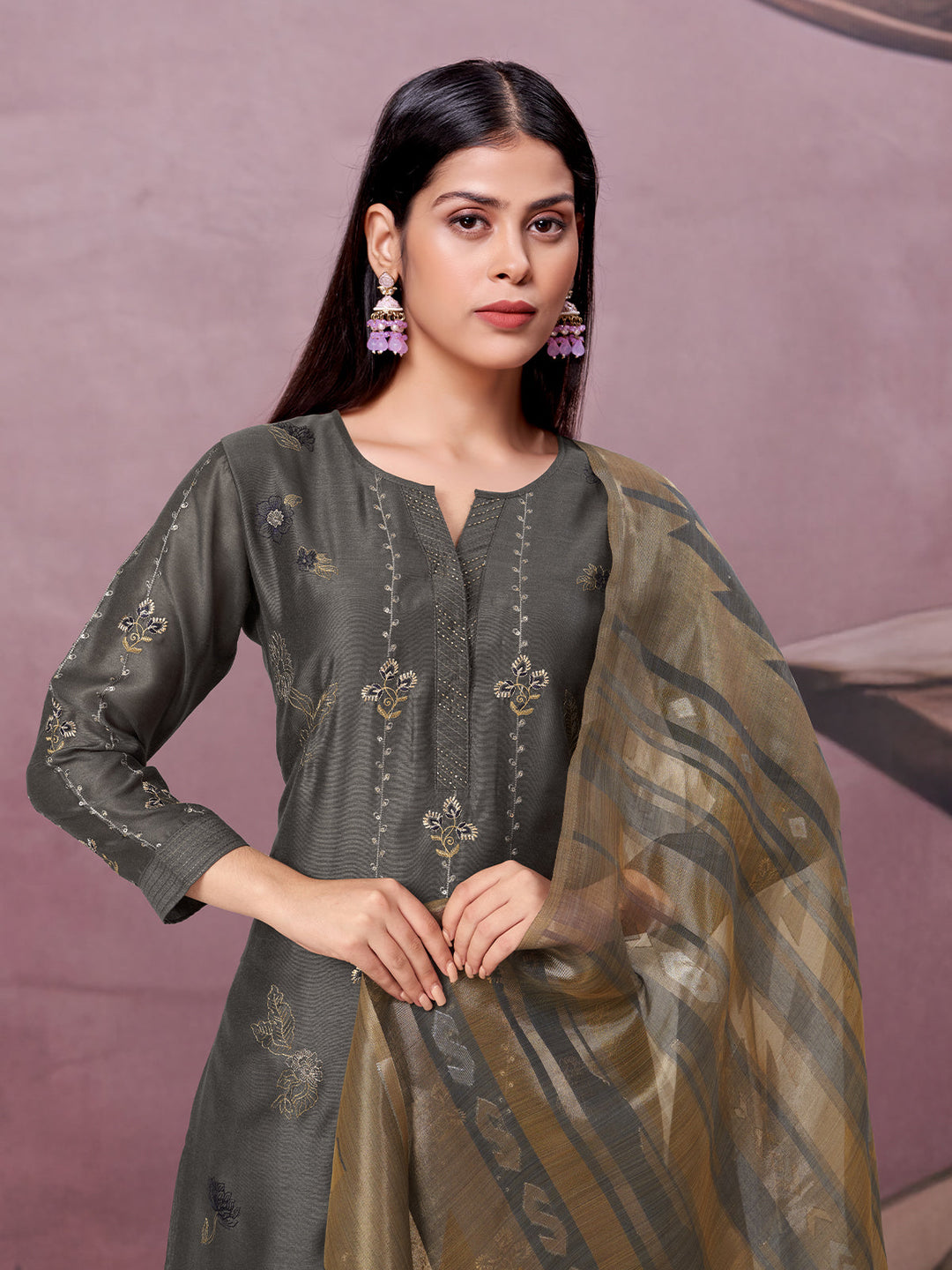 Deep Grey Semi-Silk Suit Set