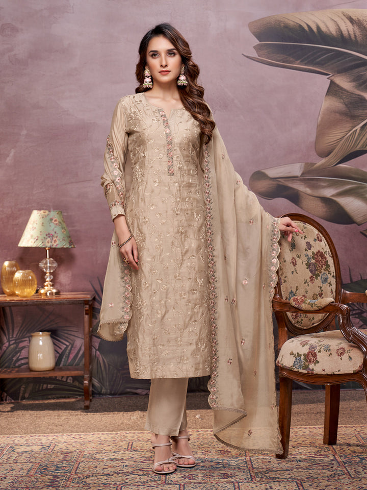 Beige Semi-Silk Suit Set