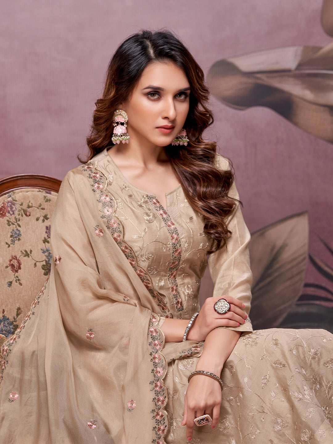 Beige Semi-Silk Suit Set