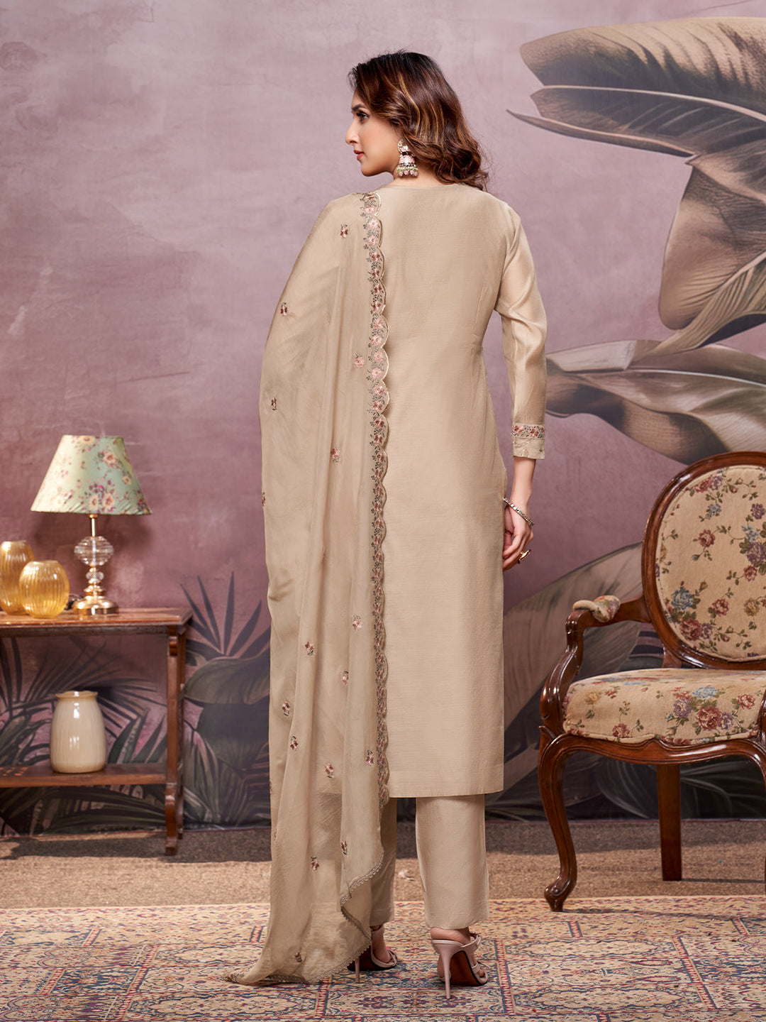 Beige Semi-Silk Suit Set