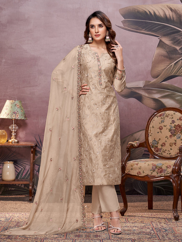 Beige Semi-Silk Suit Set