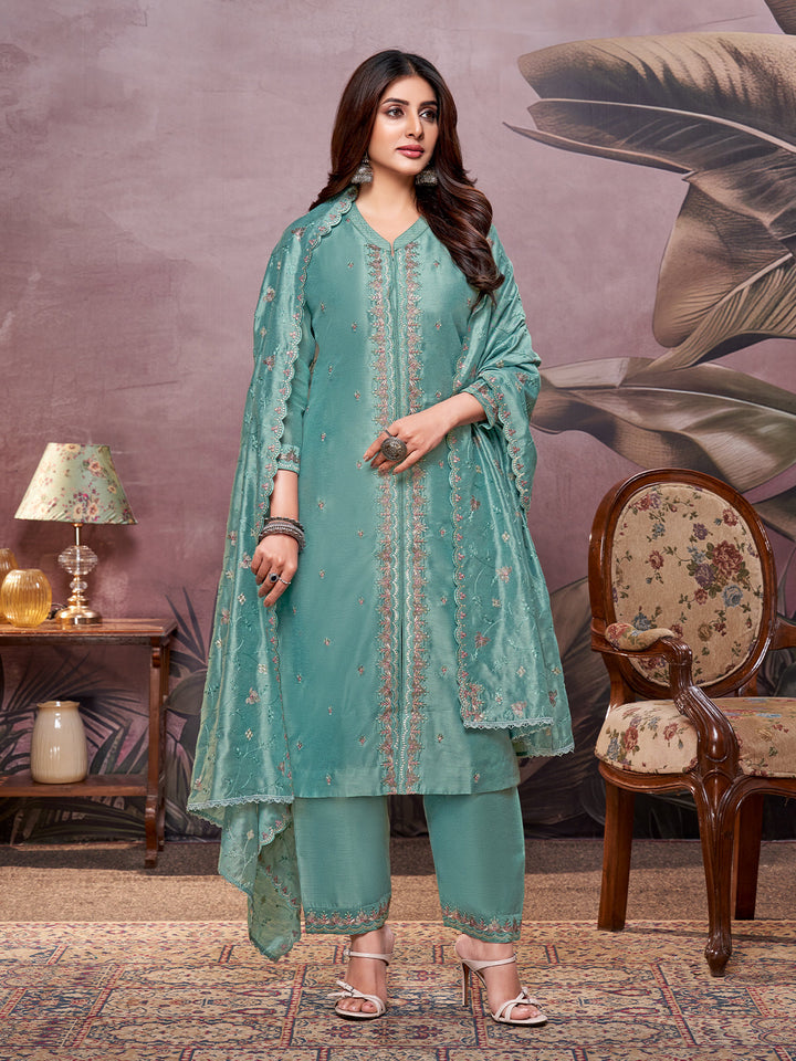 Aqua Semi-Silk Suit Set