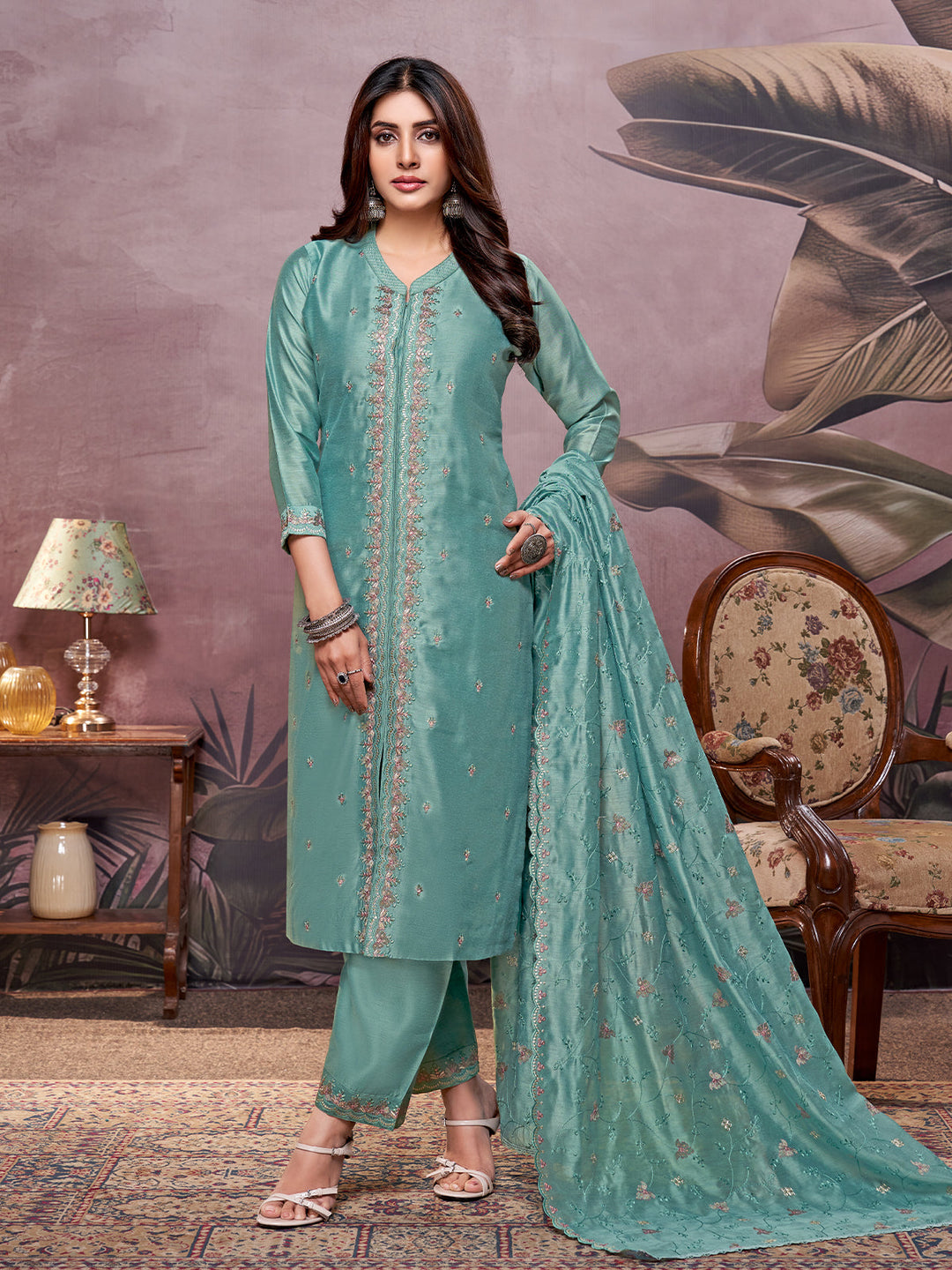 Aqua Semi-Silk Suit Set