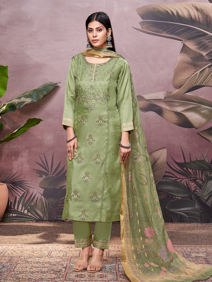 Green Semi-Silk Suit Set