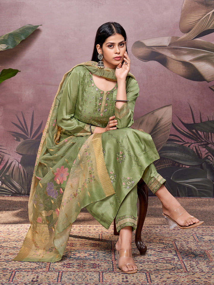 Green Semi-Silk Suit Set
