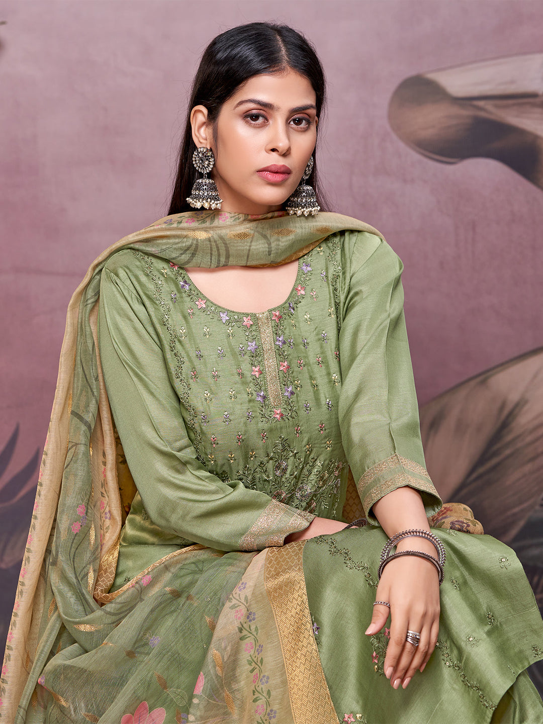 Green Semi-Silk Suit Set