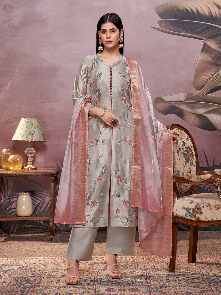 Grey Semi-Silk Suit Set
