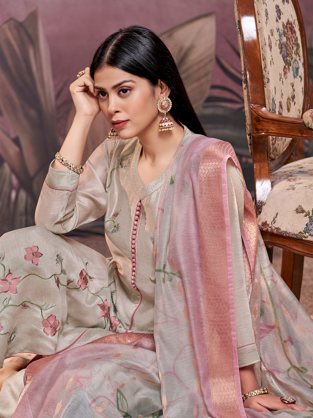 Grey Semi-Silk Suit Set