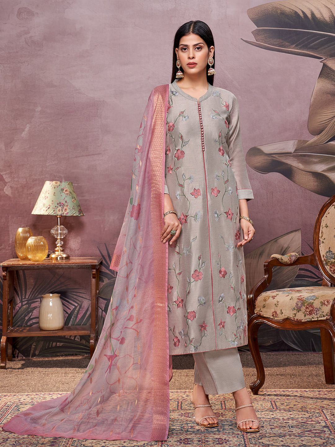 Grey Semi-Silk Suit Set