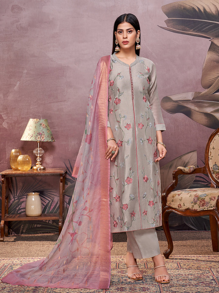 Grey Semi-Silk Suit Set