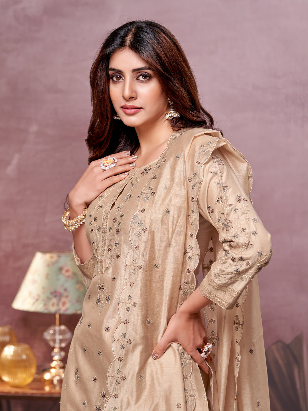 Beige Semi-Silk Suit Set