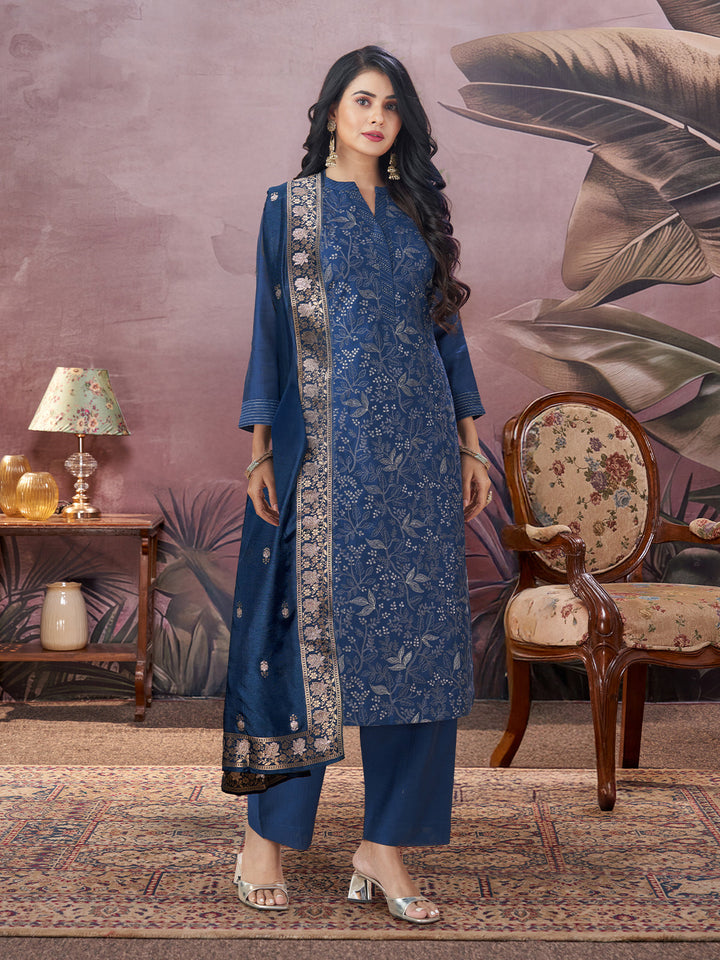 Navy Blue Semi-Silk Suit Set