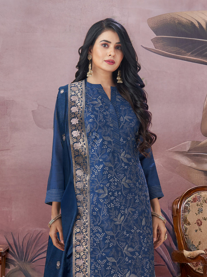 Navy Blue Semi-Silk Suit Set