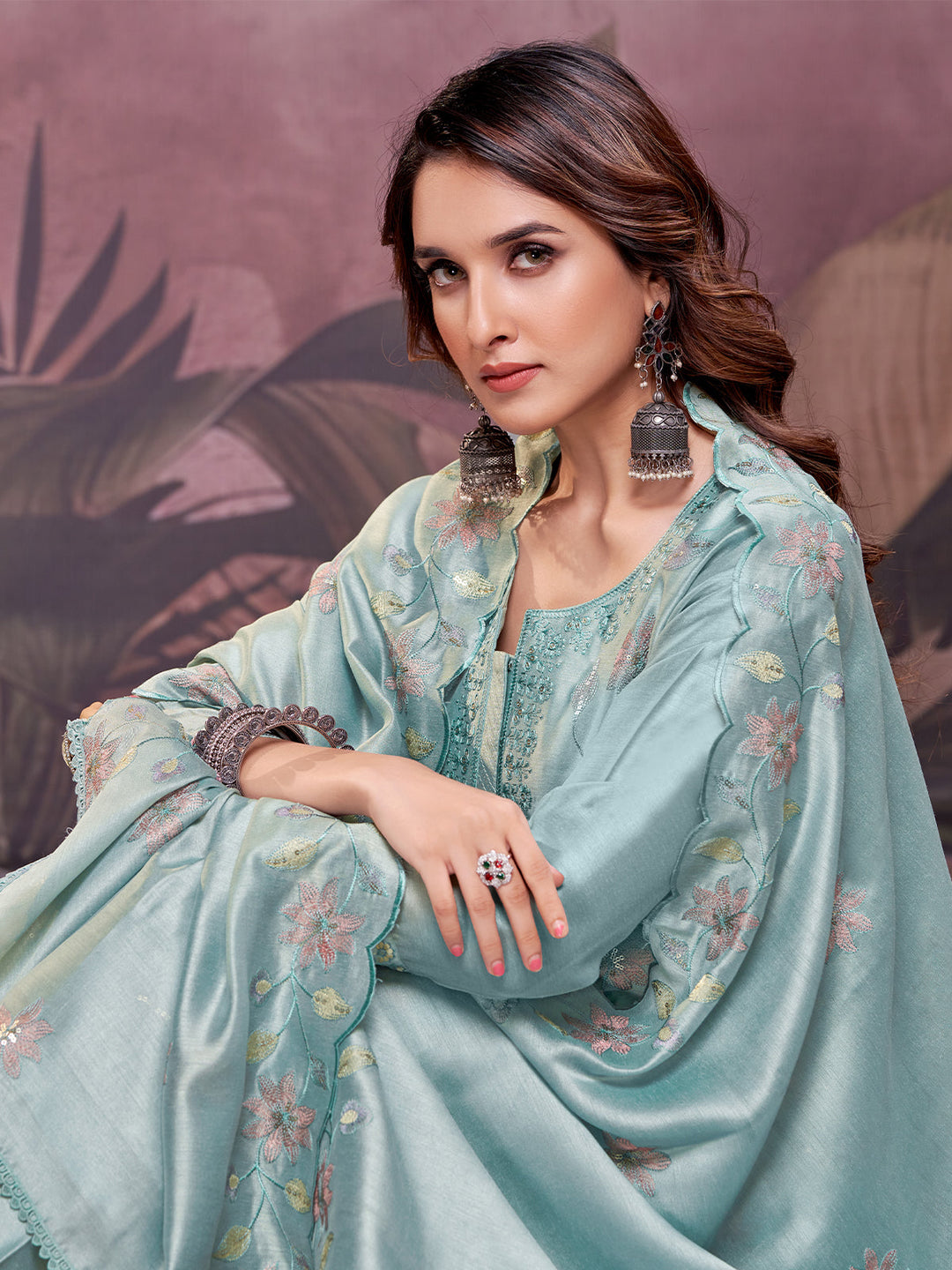 Misty Blue Semi-Silk Suit Set