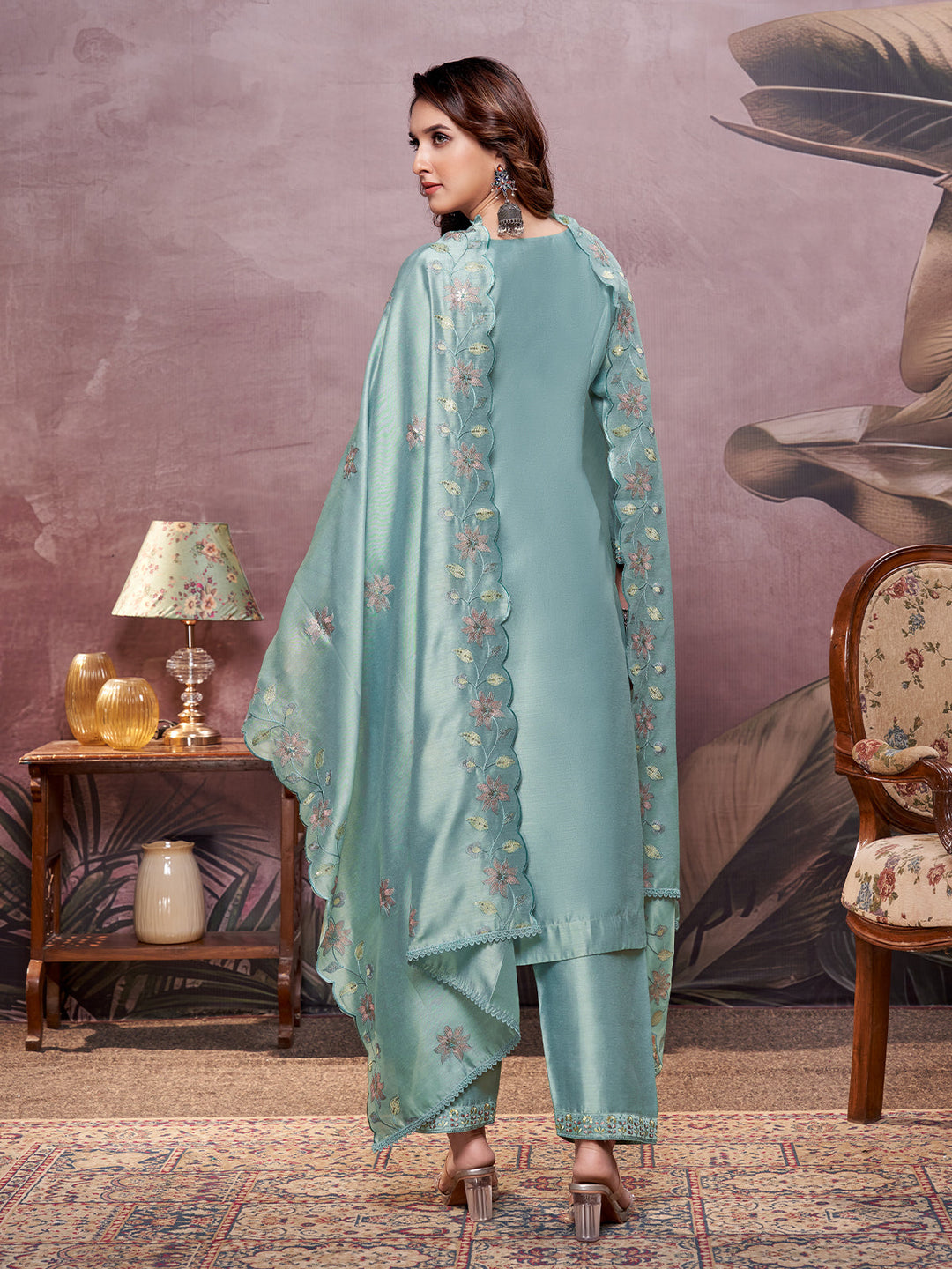Misty Blue Semi-Silk Suit Set