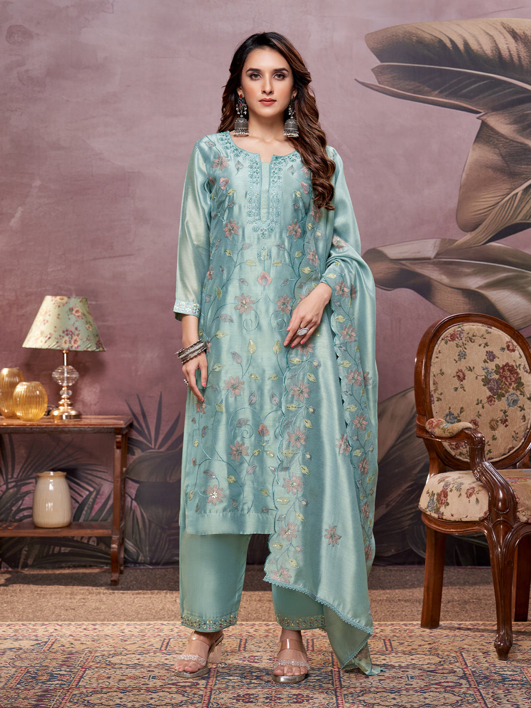 Misty Blue Semi-Silk Suit Set