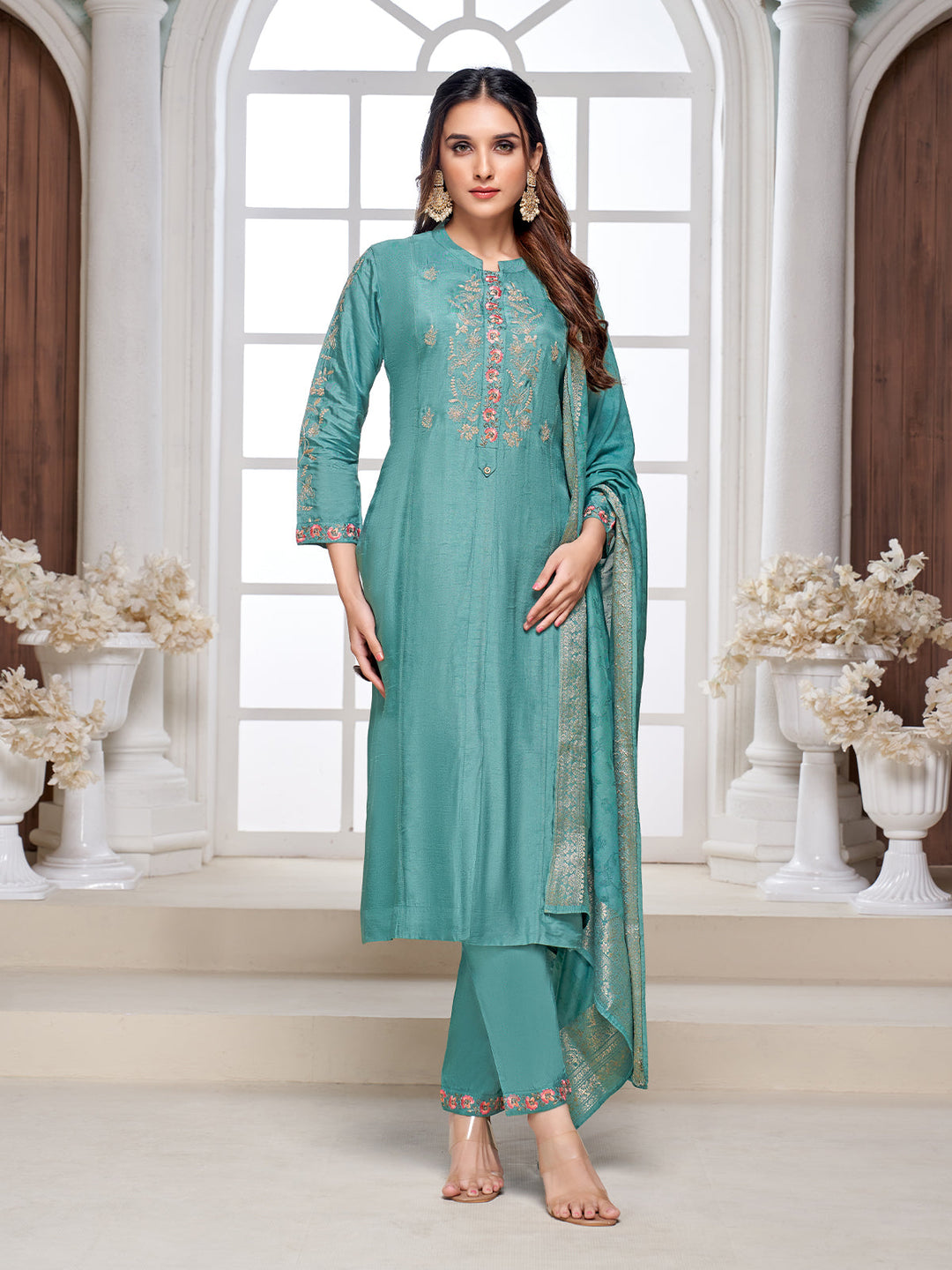 Tropical Teal Semi-Silk Suit Set